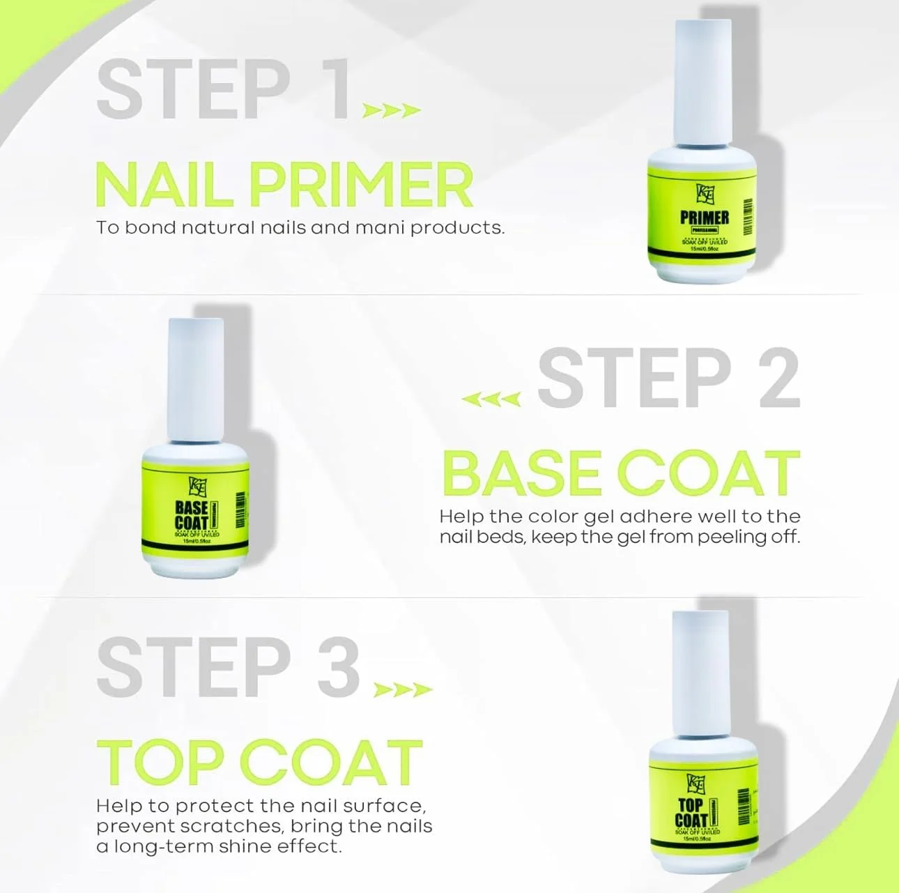 ست لاک ژل - پوشش پایه، پوشش رویی و پرایمر ناخن UV/LED (3 x 15ml) - لوازم ضروری لاک ژل با ماندگاری طولانی برای استفاده در سالن و منزل