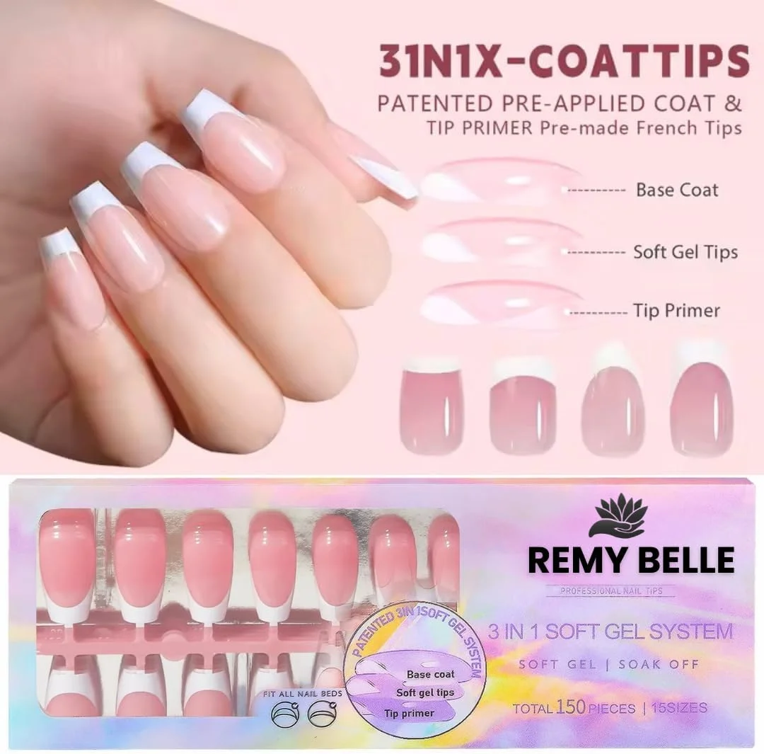 تیپ ناخن ژل نرم فرانسوی - ناخن های مصنوعی با نوک فرانسوی سفید، نوک های مربعی از قبل چسبانده شده با پرایمر و لایه پایه، صورتی (صورتی فرانسوی مربعی)