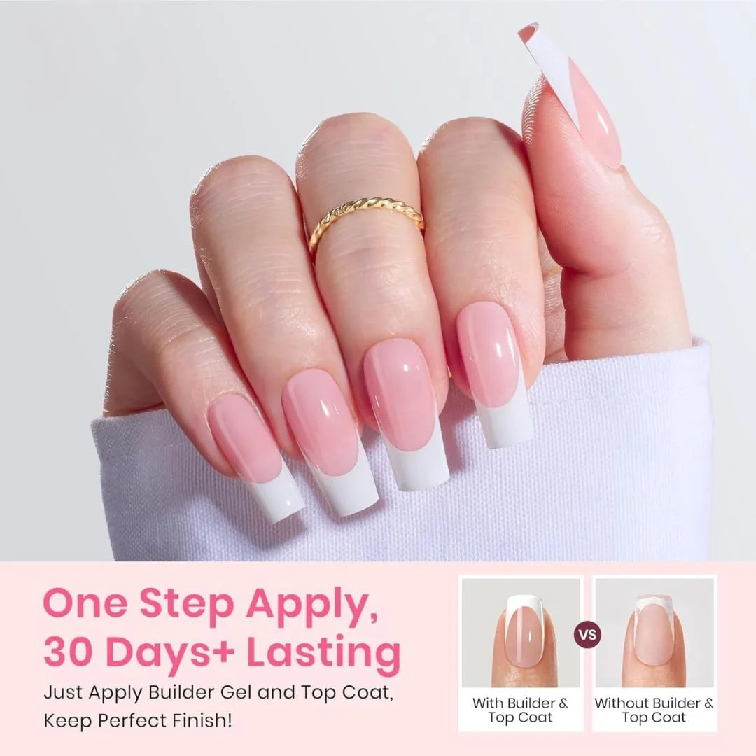 تیپ ناخن ژل نرم فرانسوی - ناخن های مصنوعی با نوک فرانسوی سفید، نوک های مربعی از قبل چسبانده شده با پرایمر و لایه پایه، صورتی (صورتی فرانسوی مربعی)