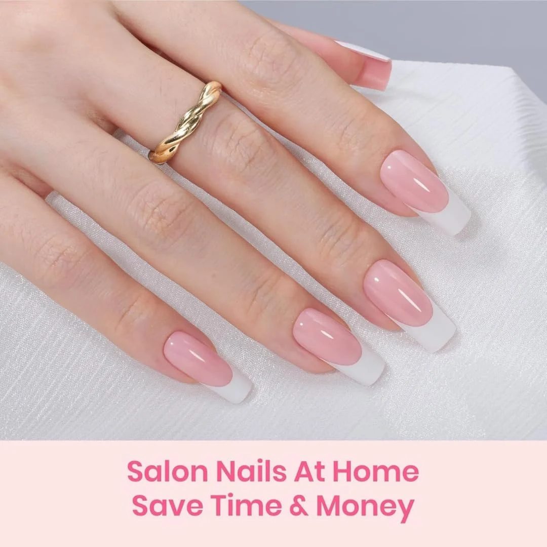 تیپ ناخن ژل نرم فرانسوی - ناخن های مصنوعی با نوک فرانسوی سفید، نوک های مربعی از قبل چسبانده شده با پرایمر و لایه پایه، صورتی (صورتی فرانسوی مربعی)