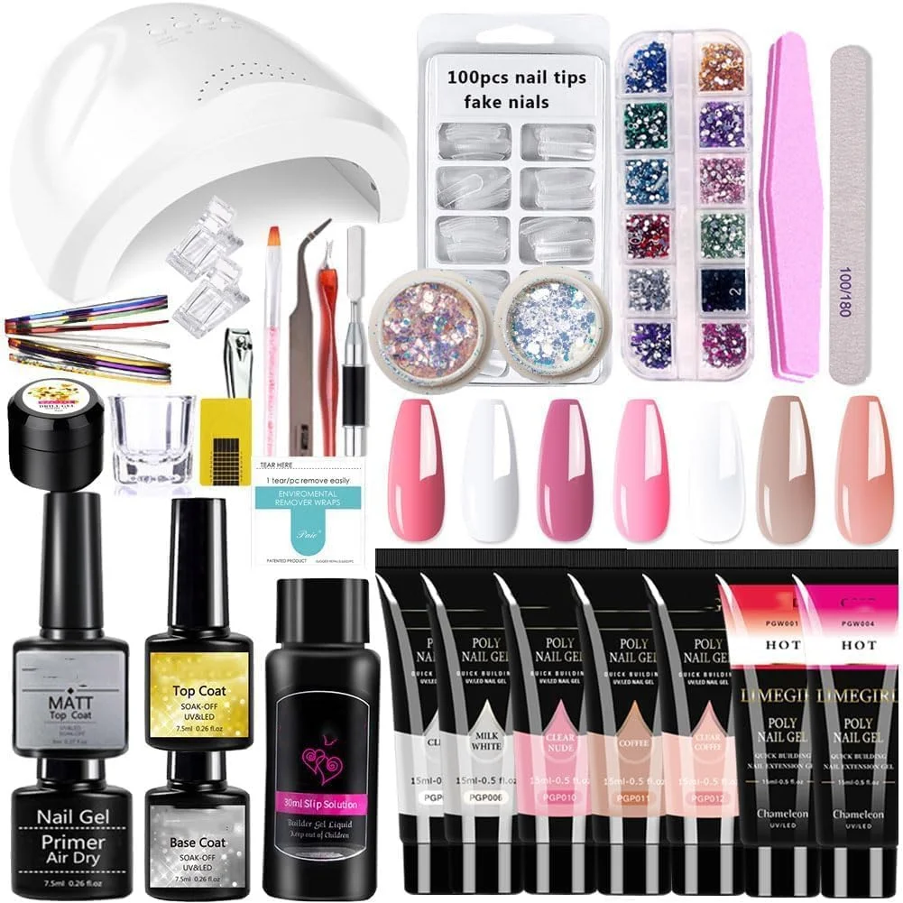 ست کامل ژل پولی اکستنشن ناخن با دستگاه UV LED، ست حرفه ای ۷ رنگ، صورتی هلویی، سفید شفاف، تاپ کت و بیس کت، ابزار طراحی ناخن برای مانیکور، هدیه روز مادر