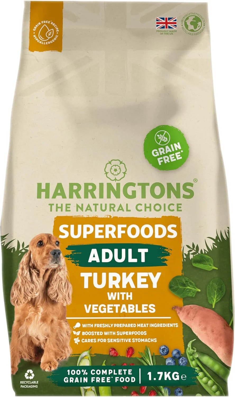 غذای خشک سگ بالغ هارینگتونز سوپرفودز بدون غلات با بوقلمون و سبزیجات 1.7 کیلوگرم (بسته 4 عددی) - تهیه شده با مواد کاملا طبیعی