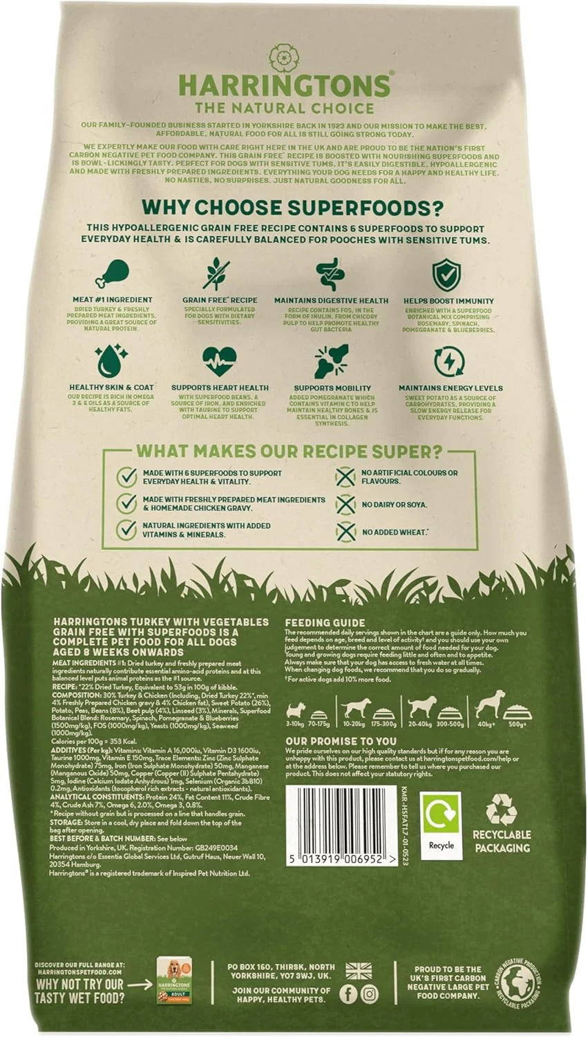 غذای خشک سگ بالغ هارینگتونز سوپرفودز بدون غلات با بوقلمون و سبزیجات 1.7 کیلوگرم (بسته 4 عددی) - تهیه شده با مواد کاملا طبیعی