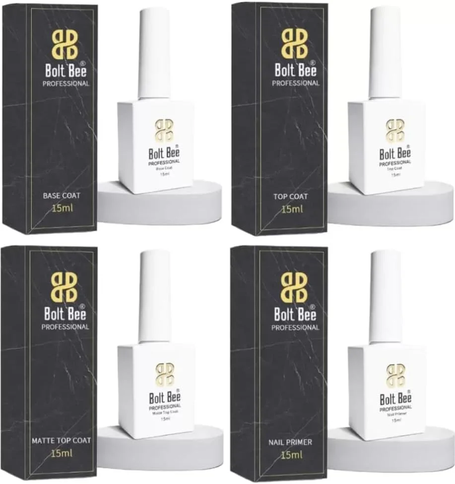 مجموعه 4 عددی Bolt bee - خشک کن لامپ UV - روکش مات، روکش براق، بیس کت، پرایمر ناخن، پرداخت بافت دار - 15 میلی لیتر هر کدام - برای اکستنشن ناخن اکریلیک/پلی ژل/ژل - رنگ ژل ناخن یا طراحی ناخن DIY