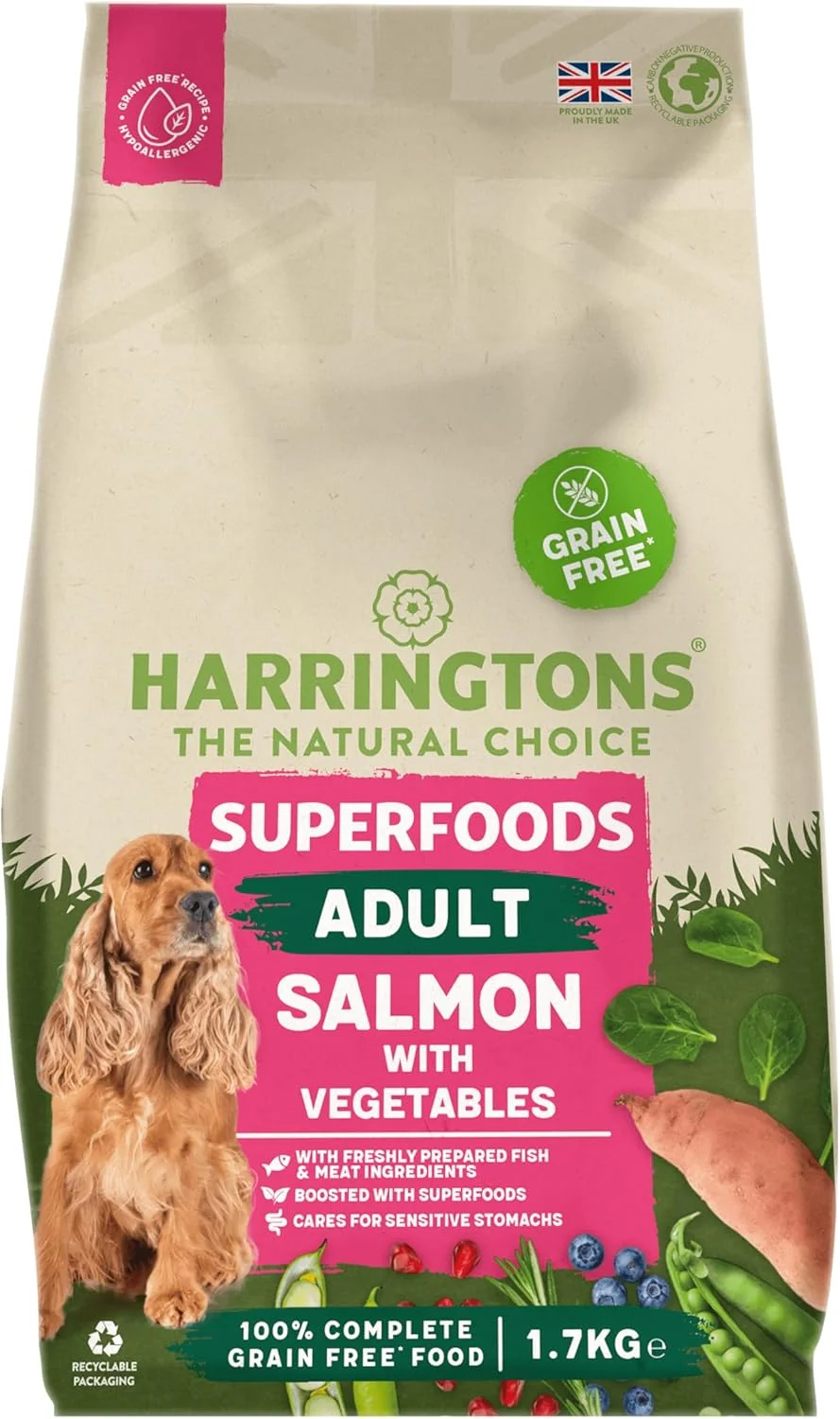 غذای خشک سگ بالغ بدون غلات Harrington's Superfoods، سالمون و سبزیجات، ضد حساسیت، 1.7 کیلوگرم (بسته 4 عددی) - تهیه شده با مواد کاملا طبیعی