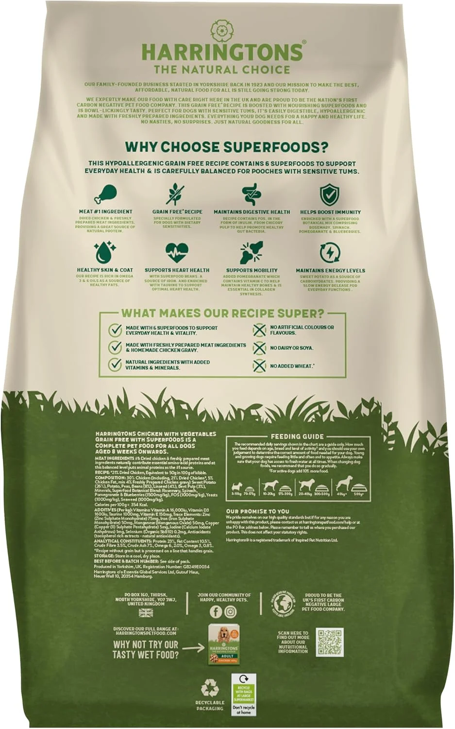 غذای خشک سگ بالغ هارینگتونز سوپرفودز، بدون غلات، ضد حساسیت، مرغ و سبزیجات، 12 کیلوگرم - تهیه شده با مواد طبیعی