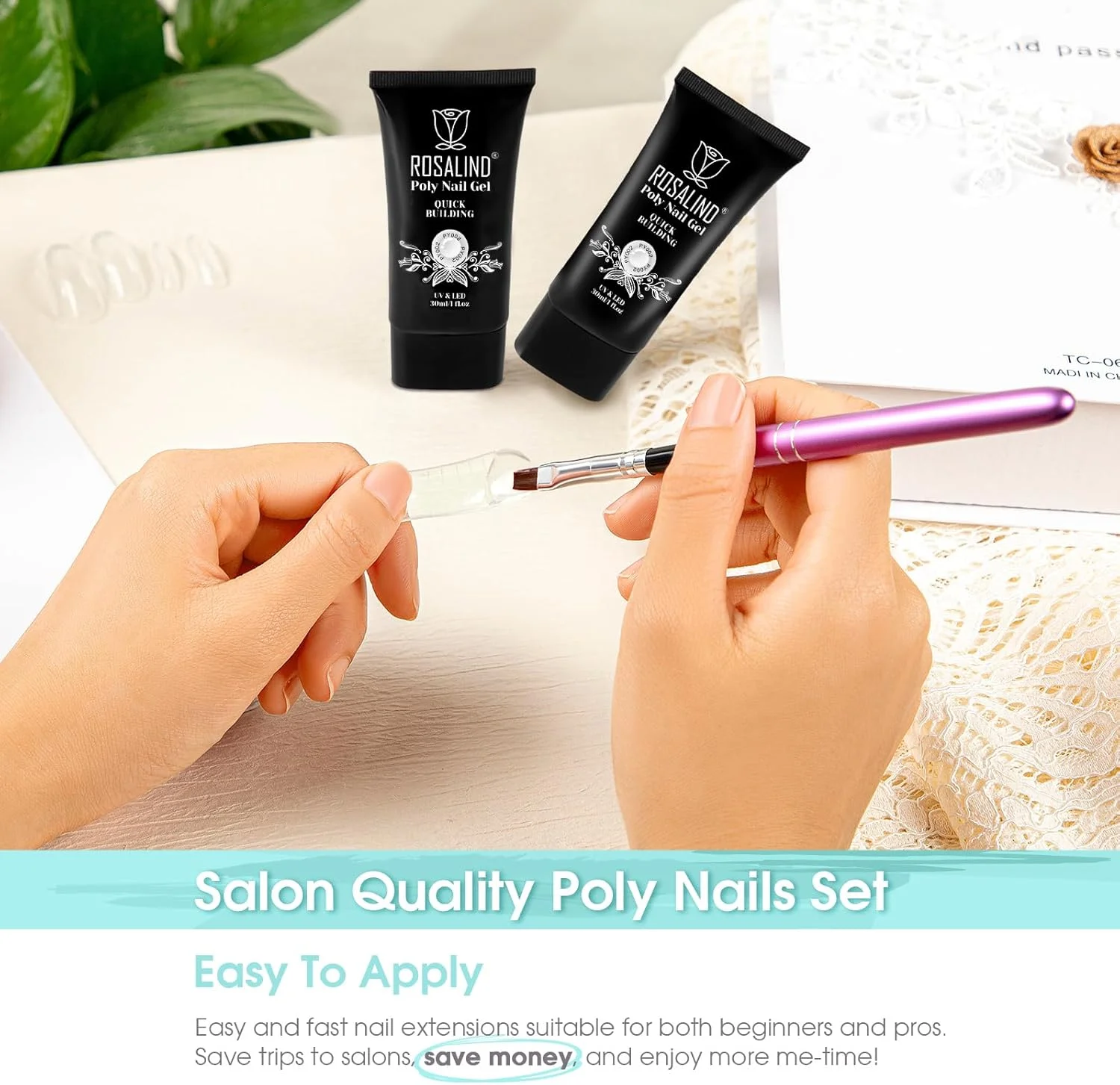 ژل پلی ناخن شفاف ROSALIND - 2 عدد 30 میلی لیتری، سازنده اکریلیک برای ناخن، ضخیم کننده و افزایش طول