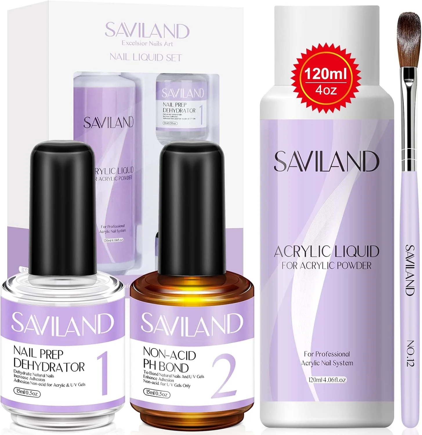 مایع اکریلیک ناخن 120 میلی لیتری SAVILAND - مایع اکریلیک 4 اونسی به همراه دهیدراتور و پرایمر ناخن برای خشک شدن سریع ژل و چسبندگی فوق العاده، مونومر مایع برای اکستنشن با برس برای مبتدیان و استفاده خانگی