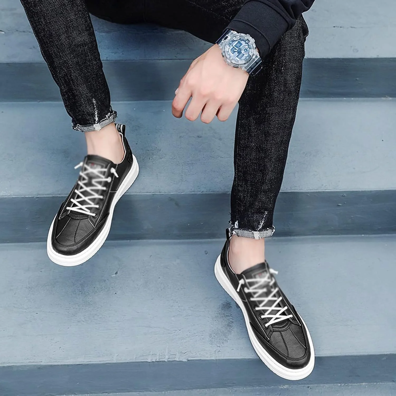 کفش آکسفورد مردانه SKYRRA چرم طبیعی سفید، کفش کتانی مشکی مردانه، کفش ورزشی مردانه