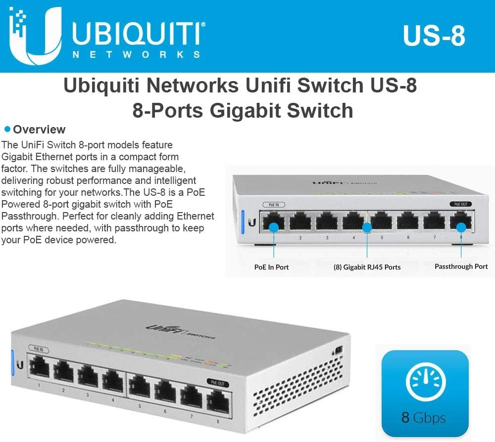 سوئیچ شبکه مدیریتی 8 پورت یوبیکیوتی نتورکس UniFi، اترنت گیگابیتی (10/100/1000)، تغذیه از طریق اترنت