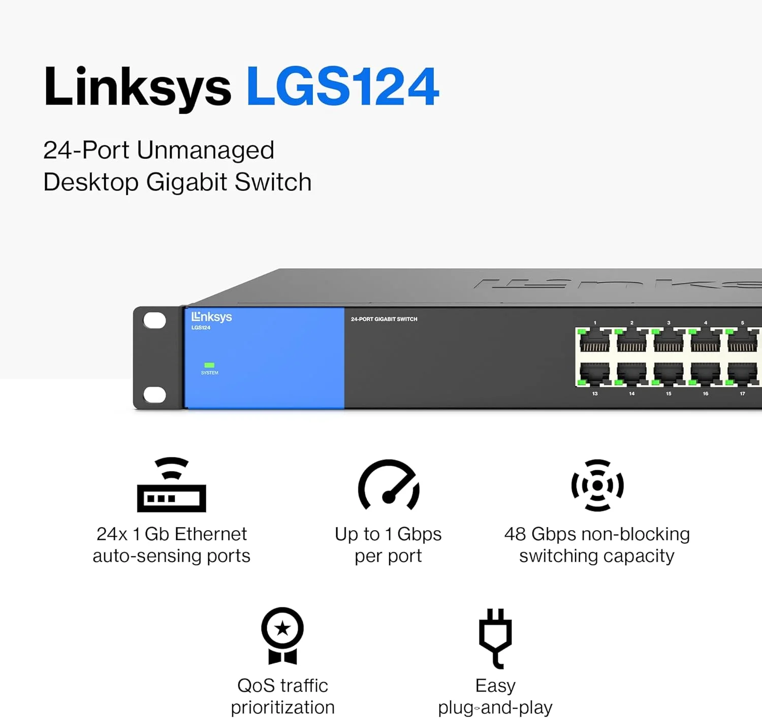 سوییچ شبکه غیر مدیریتی 24 پورت گیگابیتی Linksys LGS124 - هاب سوییچ اترنت خانگی و اداری با بدنه فلزی - قابلیت نصب روی دیوار یا رومیزی، اتصال آسان