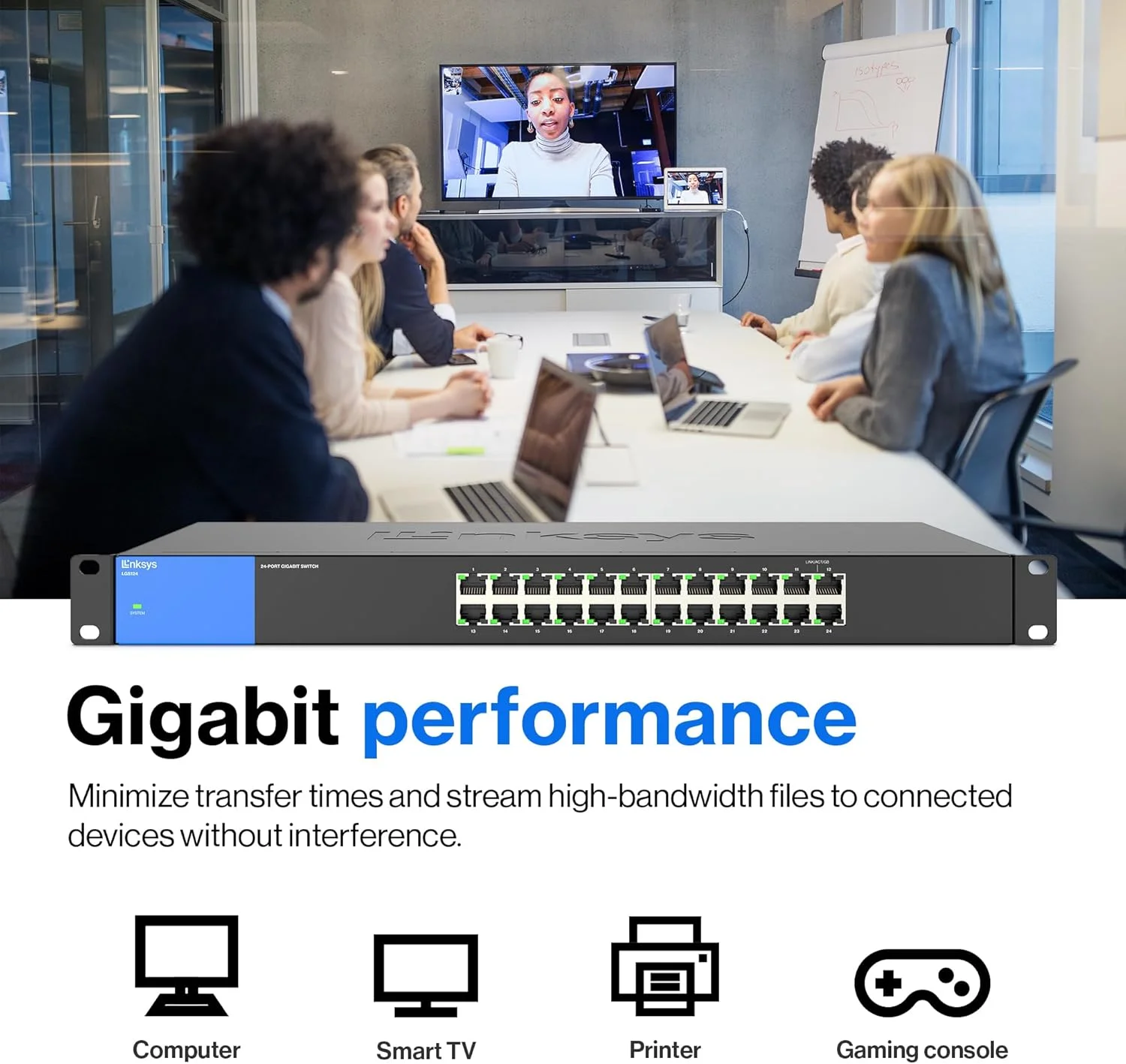 سوییچ شبکه غیر مدیریتی 24 پورت گیگابیتی Linksys LGS124 - هاب سوییچ اترنت خانگی و اداری با بدنه فلزی - قابلیت نصب روی دیوار یا رومیزی، اتصال آسان