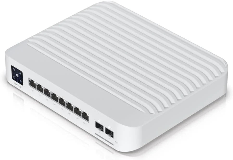 سوئیچ 8 پورت Ubiquiti Networks Pro 8 PoE با صفحه لمسی 1.3 اینچی، مدیریت سوئیچ AR، سوئیچ لایه 3 با خروجی PoE+ و PoE++، توان PoE در دسترس 120 وات، کیت قابل نصب روی دیوار، سفید | USW-PRO-8-POE