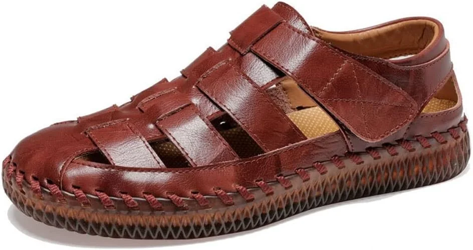 صندل مردانه SXCSNFC چرمی، مناسب فضای باز، تابستانی، تنفسی، مدل رومی، کلاسیک و شیک، صندل های مردانه، دمپایی و کفش کتانی (قهوه ای مایل به قرمز، سایز 7)