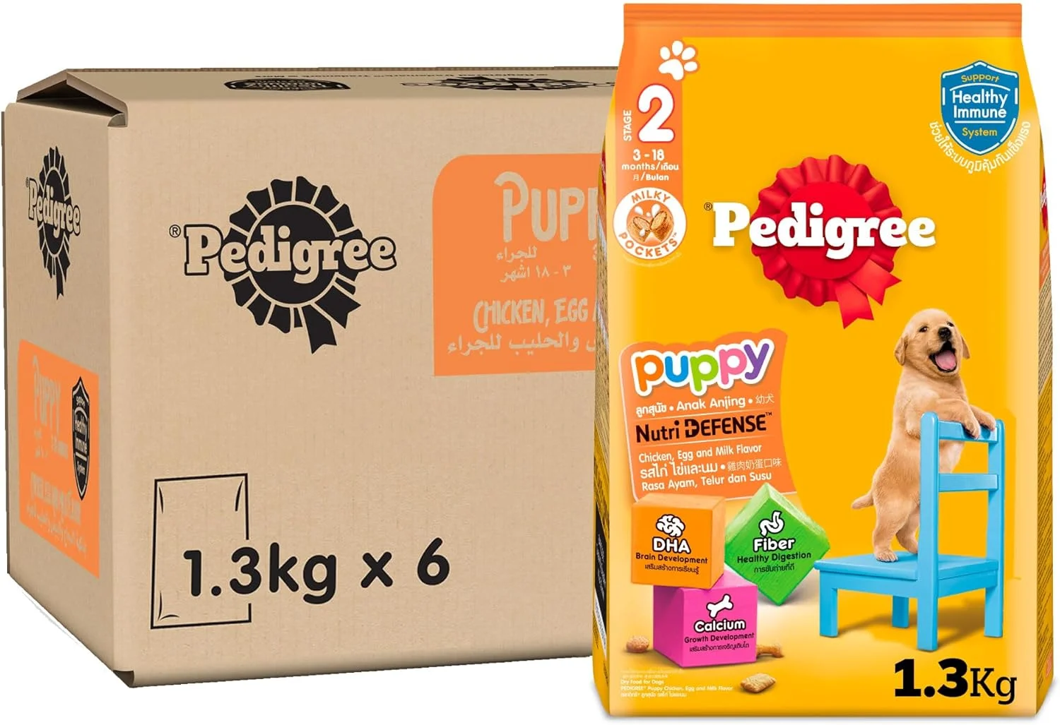 غذای خشک سگ توله سگ پدیگری، جیب های شیری با طعم مرغ، تخم مرغ و شیر، بسته 6 عددی 1.3 کیلوگرمی، غذای خشک سگ Nutri Defense برای توله سگ ها