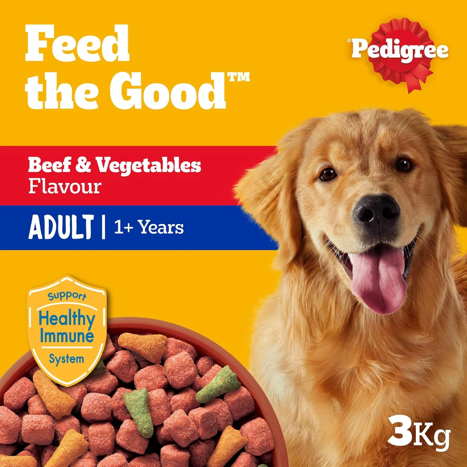 غذای خشک سگ پدیگری، طعم گوشت گاو و سبزیجات، 3 کیلوگرم، غذای خشک کامل و متعادل برای سگ های بالغ