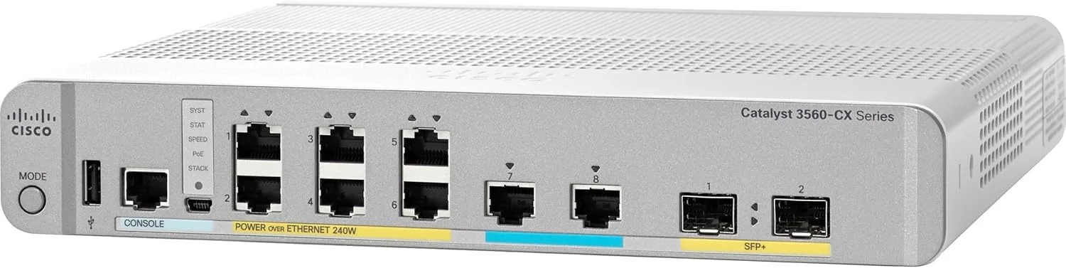 سوییچ شبکه سیسکو Catalyst 3560CX-8XPD-S، دارای 6 پورت گیگابیتی اترنت (GbE) و 2 پورت Multi-GbE، دارای 8 خروجی PoE+، بودجه PoE 240W، دارای 2 آپلینک 10G SFP+، Enhanced Limited (WS-C3560CX-8XPD-S)