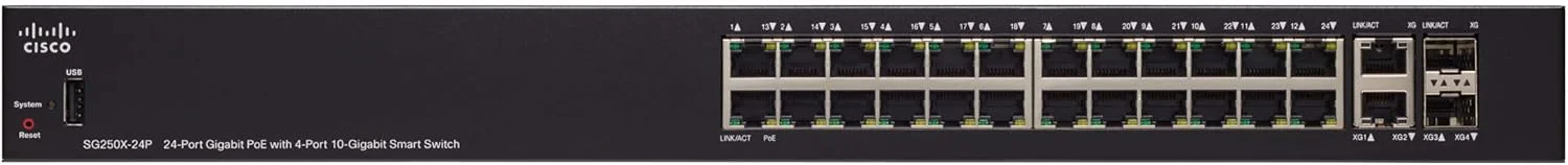 سوئیچ هوشمند سیسکو SG250X-24P با 24 پورت گیگابیتی اترنت (GbE) + 4 پورت ترکیبی 10 گیگابیتی اترنت SFP+، توان PoE 195 وات (SG250X-24P-K9-NA) سوئیچ هوشمند سیسکو SG250X-24P با 24 پورت گیگابیتی اترنت (GbE) + 4 پورت ترکیبی 10 گیگابیتی اترنت SFP+، توان PoE 195 وات (SG250X-24P-K9-NA)