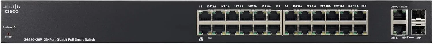 سوییچ هوشمند سیسکو SG220-26P | دارای 26 پورت گیگابیتی اترنت (GbE) | 2 پورت ترکیبی گیگابیتی اترنت Mini-GBIC SFP | توان PoE 180W سوییچ هوشمند سیسکو SG220-26P | دارای 26 پورت گیگابیتی اترنت (GbE) | 2 پورت ترکیبی گیگابیتی اترنت Mini-GBIC SFP | توان PoE 180W