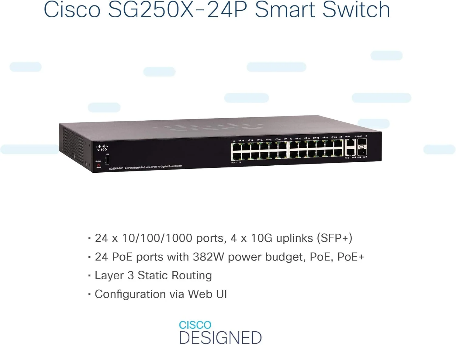 سوئیچ هوشمند سیسکو SG250X-24P با 24 پورت گیگابیتی اترنت (GbE) + 4 پورت ترکیبی 10 گیگابیتی اترنت SFP+، توان PoE 195 وات (SG250X-24P-K9-NA) سوئیچ هوشمند سیسکو SG250X-24P با 24 پورت گیگابیتی اترنت (GbE) + 4 پورت ترکیبی 10 گیگابیتی اترنت SFP+، توان PoE 195 وات (SG250X-24P-K9-NA)