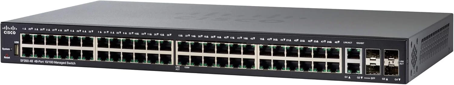سوئیچ مدیریتی سیسکو SF350-48، دارای 48 پورت 10/100 PoE، 4 پورت گیگابیت اترنت (GbE) کمبو SFP