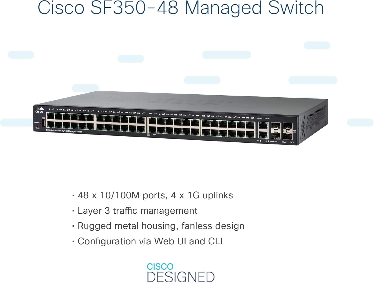 سوئیچ مدیریتی سیسکو SF350-48، دارای 48 پورت 10/100 PoE، 4 پورت گیگابیت اترنت (GbE) کمبو SFP سوئیچ مدیریتی سیسکو SF350-48، دارای 48 پورت 10/100 PoE، 4 پورت گیگابیت اترنت (GbE) کمبو SFP