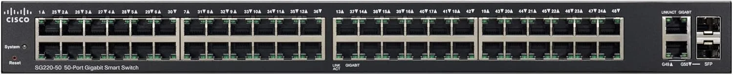 سوئیچ هوشمند سیسکو SG220-50 | دارای 50 پورت گیگابیتی اترنت (GbE) | 2 پورت ترکیبی گیگابیتی اترنت Mini-GBIC SFP (SG220-50-K9-NA) سوئیچ هوشمند سیسکو SG220-50 | دارای 50 پورت گیگابیتی اترنت (GbE) | 2 پورت ترکیبی گیگابیتی اترنت Mini-GBIC SFP (SG220-50-K9-NA)
