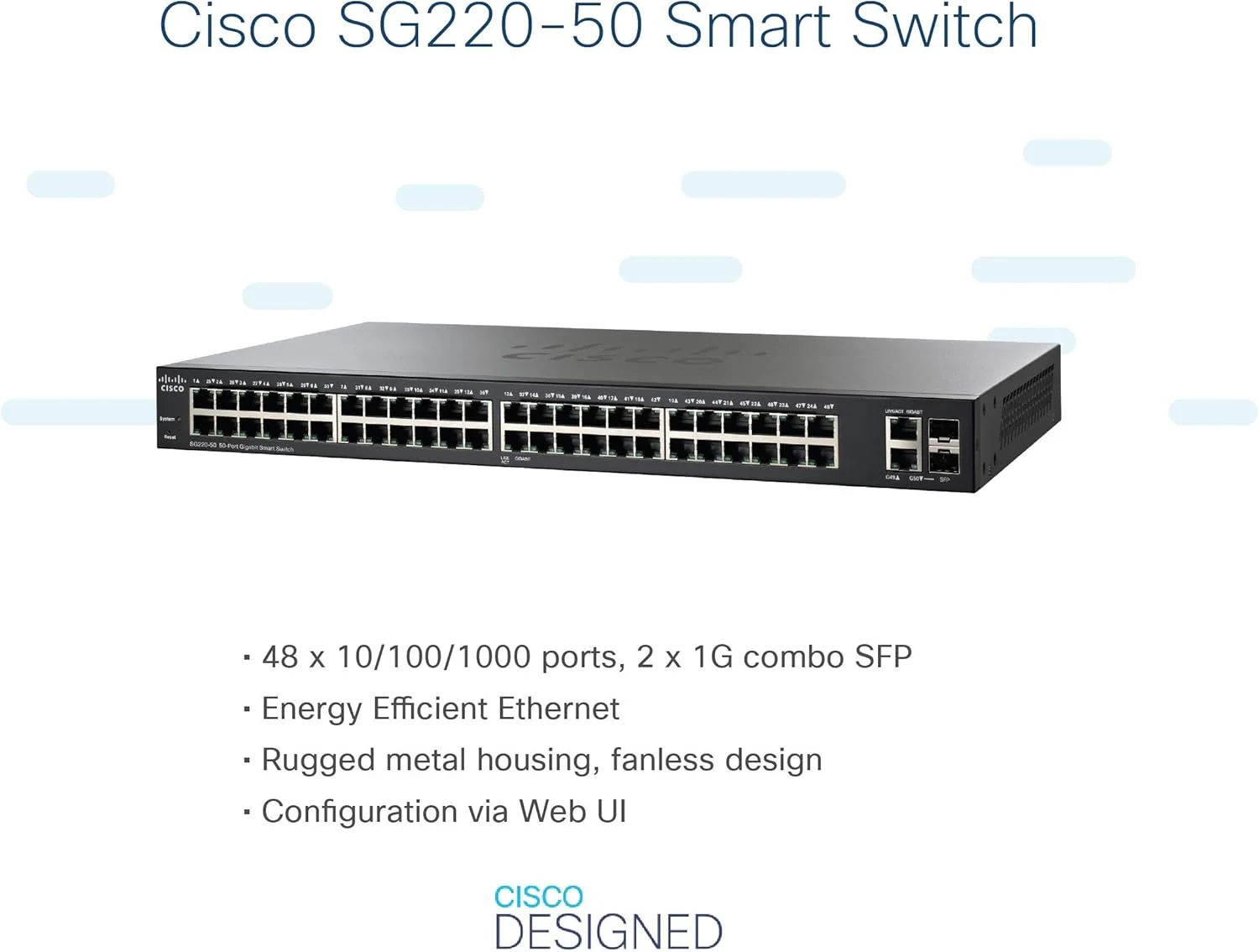 سوئیچ هوشمند سیسکو SG220-50 | دارای 50 پورت گیگابیتی اترنت (GbE) | 2 پورت ترکیبی گیگابیتی اترنت Mini-GBIC SFP (SG220-50-K9-NA) سوئیچ هوشمند سیسکو SG220-50 | دارای 50 پورت گیگابیتی اترنت (GbE) | 2 پورت ترکیبی گیگابیتی اترنت Mini-GBIC SFP (SG220-50-K9-NA)