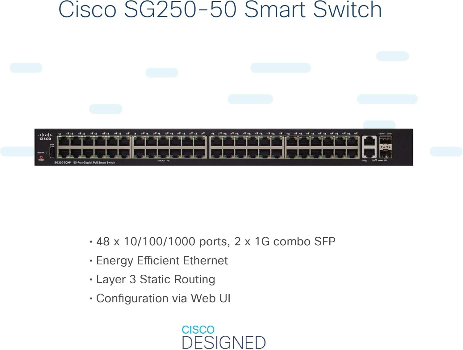 سوئیچ هوشمند 50 پورت گیگابیتی سیسکو SG250-50 (48 پورت گیگابیتی و 2 پورت ترکیبی مسی/SFP گیگابیتی) سوئیچ هوشمند 50 پورت گیگابیتی سیسکو SG250-50 (48 پورت گیگابیتی و 2 پورت ترکیبی مسی/SFP گیگابیتی)