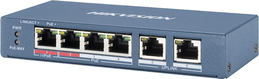 سوئیچ شبکه هایک ویژن مدل DS-3E0106HP-E، غیر مدیریتی، اترنت سریع (10/100)، تغذیه از طریق اترنت (PoE)، آبی