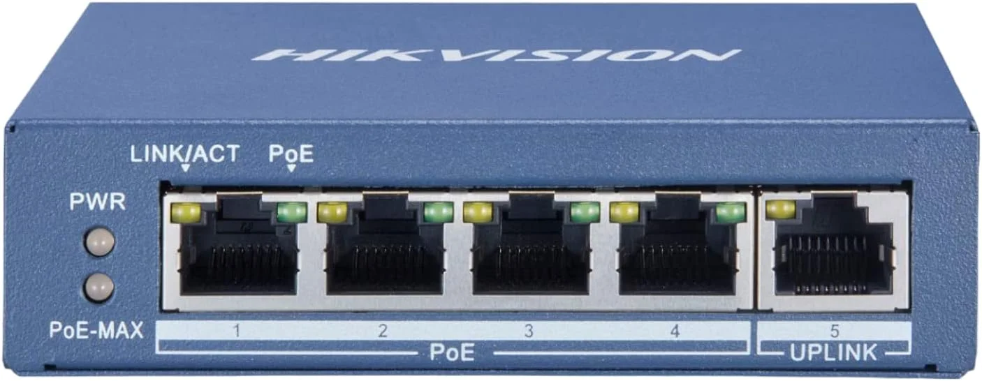 سوئیچ غیر مدیریتی 4 پورت گیگابیتی POE هایک ویژن برای دوربین های مداربسته IP مدل DS-3E0505P-E/M با پورت RJ45، مشکی
