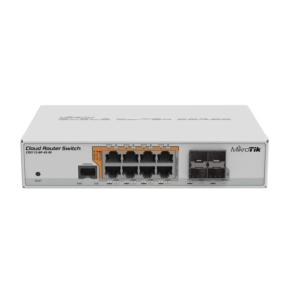 سوئیچ هوشمند 8 پورت گیگابیتی PoE میکروتیک CRS112-8P-4S-IN با 4 محفظه SFP و حسگر خودکار PoE/PoE+ 802.3af/at و Passive PoE