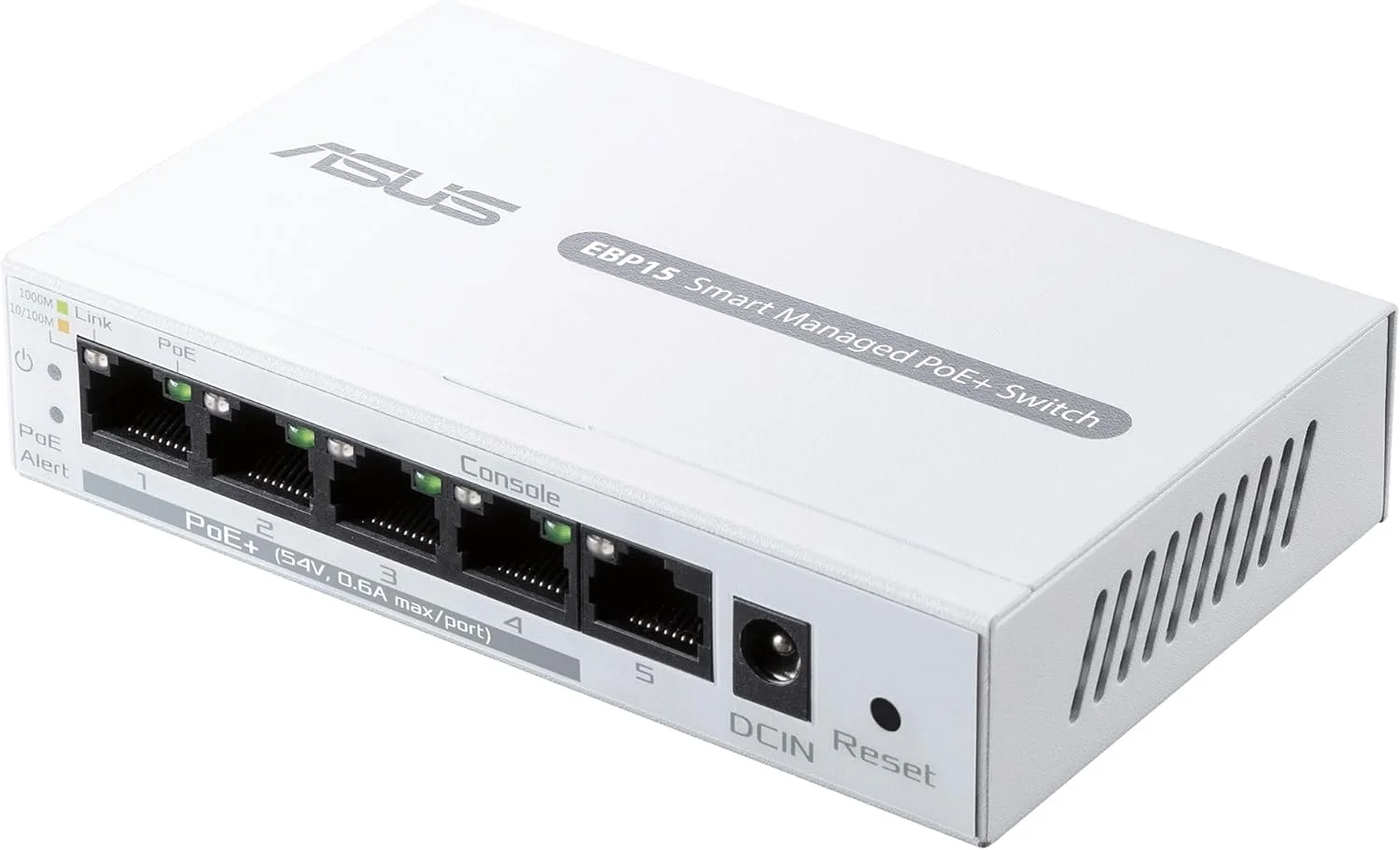 سوییچ 5 پورت گیگابیتی PoE+ هوشمند ASUS ExpertWiFi EBP15، دارای قابلیت تنظیم اولویت PoE، ایده آل برای اکسس پوینت های PoE، دوربین های مداربسته IP، تلفن های VoIP، مدیریت متمرکز برنامه با روتر ExpertWiFi - سفید