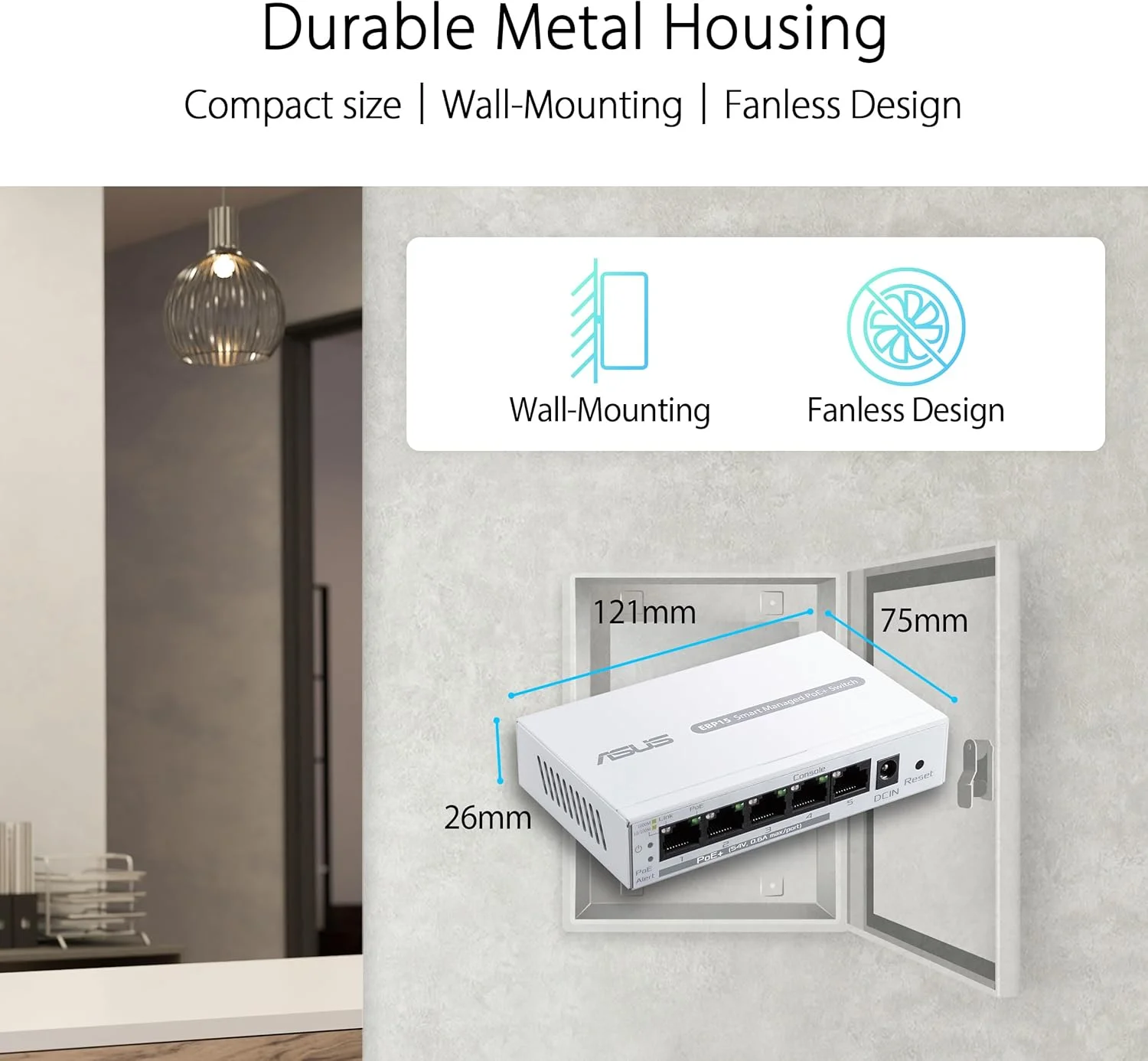 سوییچ 5 پورت گیگابیتی PoE+ هوشمند ASUS ExpertWiFi EBP15، دارای قابلیت تنظیم اولویت PoE، ایده آل برای اکسس پوینت های PoE، دوربین های مداربسته IP، تلفن های VoIP، مدیریت متمرکز برنامه با روتر ExpertWiFi - سفید