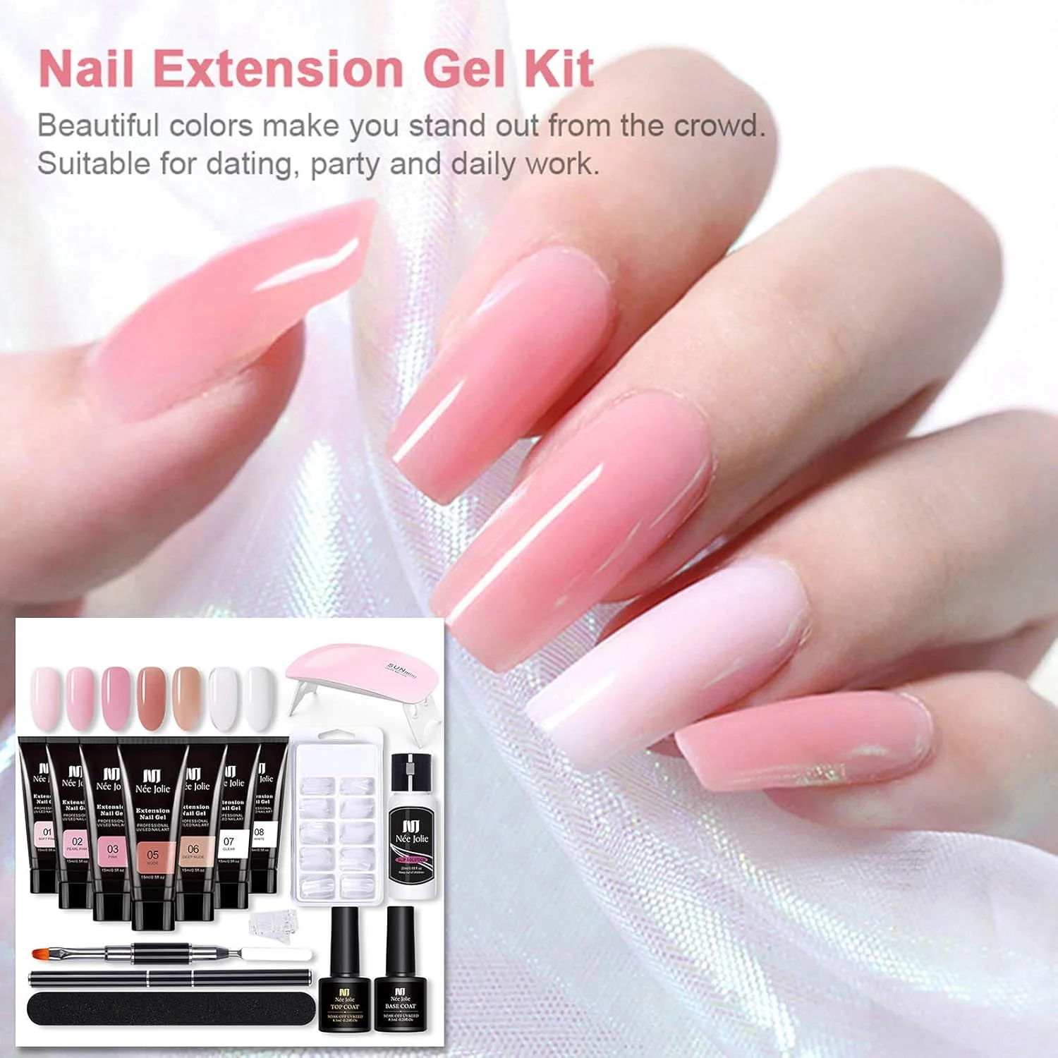 کیت ژل اکستنشن ناخن Nee Jolie 15ml با مینی لامپ ناخن، ژل های اکستنشن UV، برس، تیپ های ناخن مصنوعی، گیره های تیپ اکستنشن ناخن، بیس کت و تاپ کت برای کیت مبتدی هنر ناخن کیت ژل اکستنشن ناخن Nee Jolie 15ml با مینی لامپ ناخن، ژل های اکستنشن UV، برس، تیپ های ناخن مصنوعی، گیره های تیپ اکستنشن ناخن، بیس کت و تاپ کت برای کیت مبتدی هنر ناخن