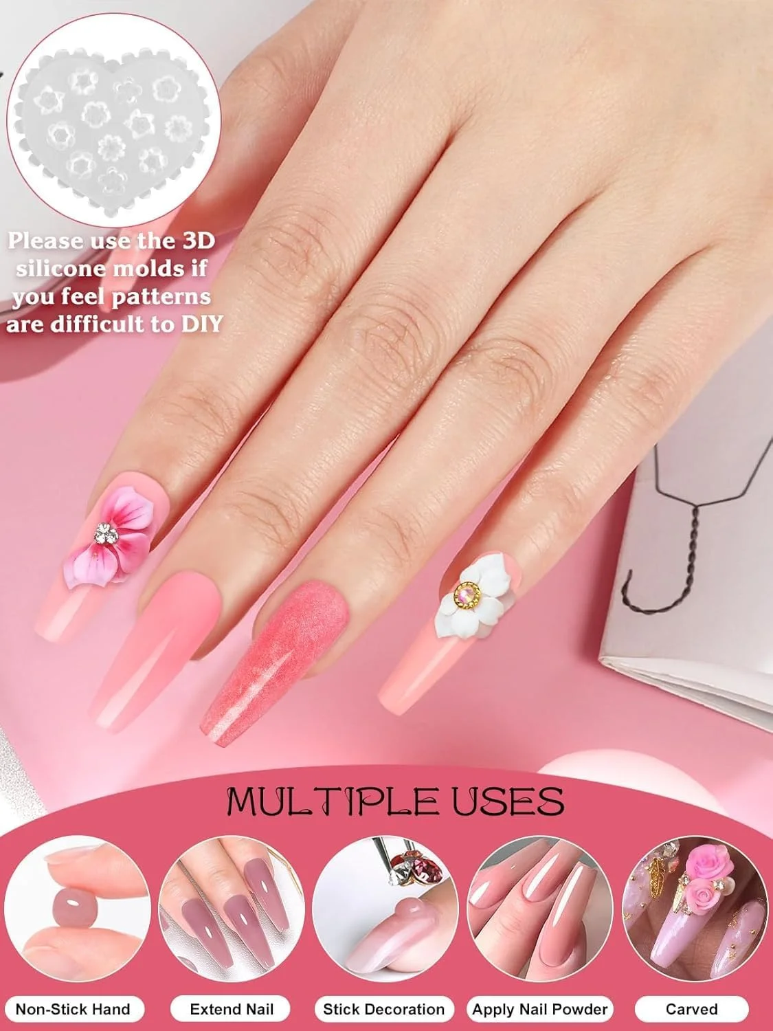 ژل بیلدر جامد کالولاری برای ناخن - کیت ژل سخت 6 رنگ برای ناخن، مجسمه سازی جامد صورتی سفید غیر چسبنده، اکستنشن مدلینگ با قالب سیلیکونی سه بعدی برای حکاکی روز مادر