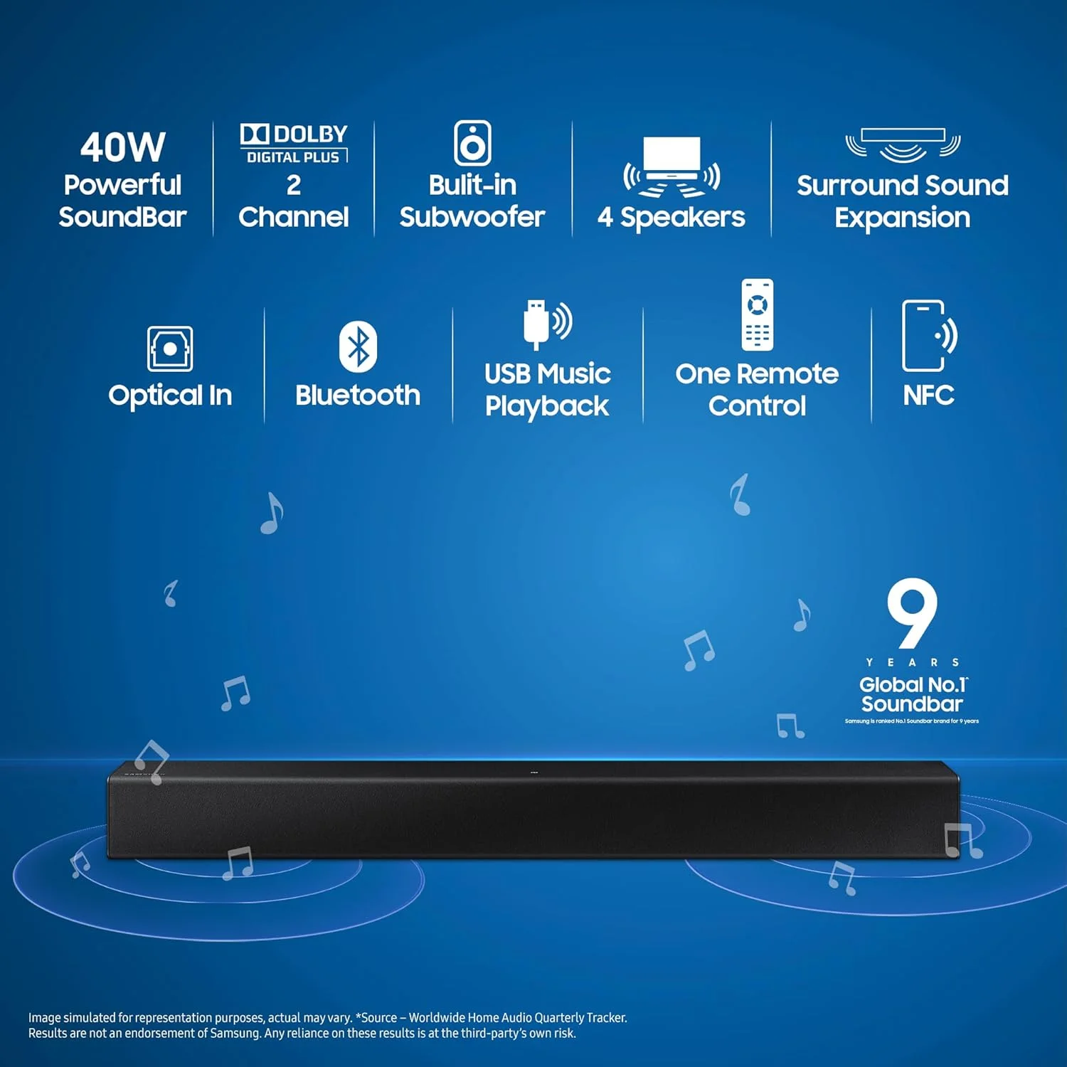 ساندبار 2.0 کاناله سامسونگ (HW-T400/XL) با ساب ووفر داخلی، Dolby 2Ch، NFC، پخش موسیقی USB، دارای بلوتوث (مشکی) ساندبار 2.0 کاناله سامسونگ (HW-T400/XL) با ساب ووفر داخلی، Dolby 2Ch، NFC، پخش موسیقی USB، دارای بلوتوث (مشکی)