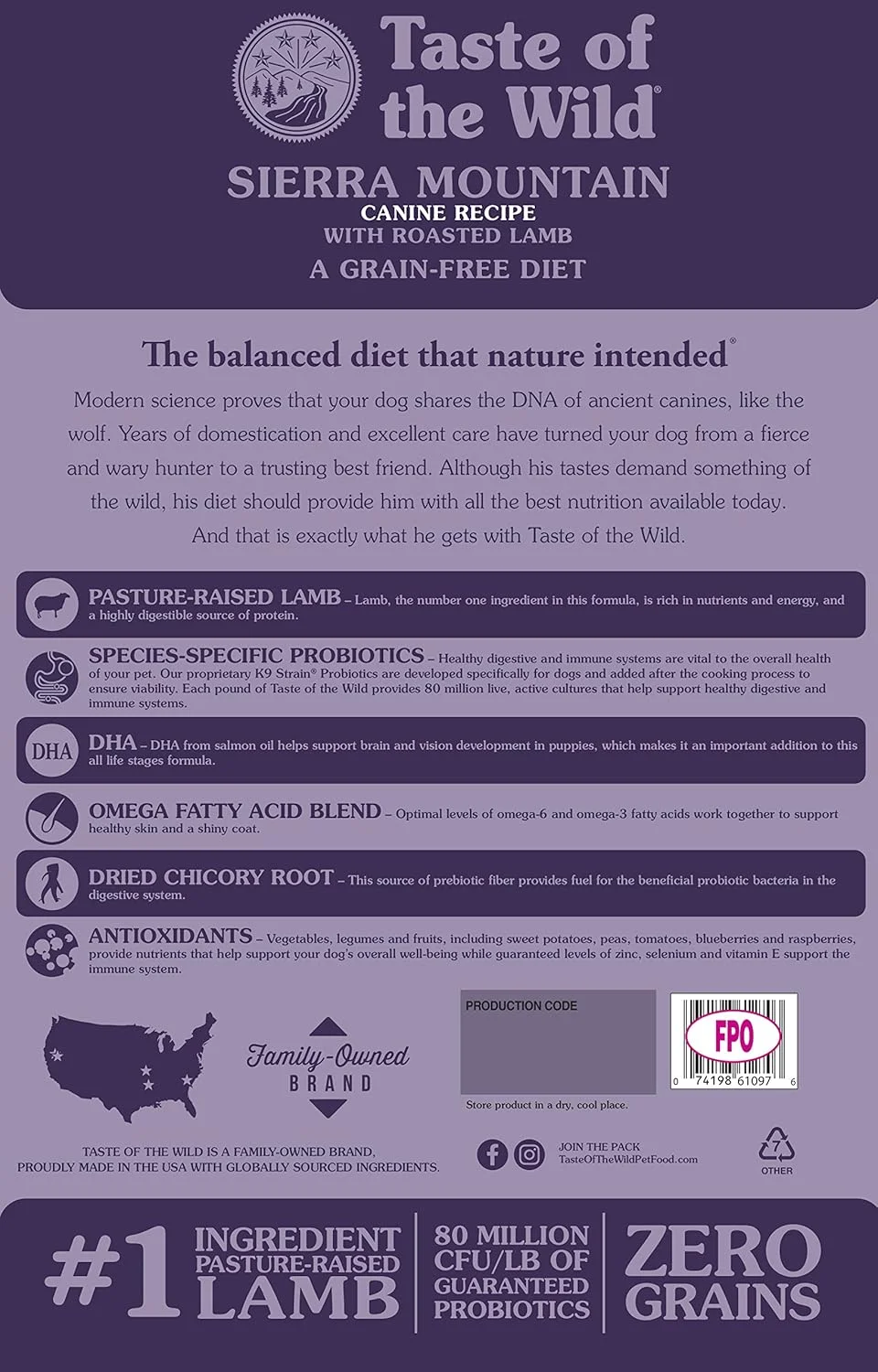 غذای خشک سگ طعم طبیعت وحش، بدون غلات، پروتئین بالا، کوهستان سیرا با طعم بره کبابی 12.7 کیلوگرم