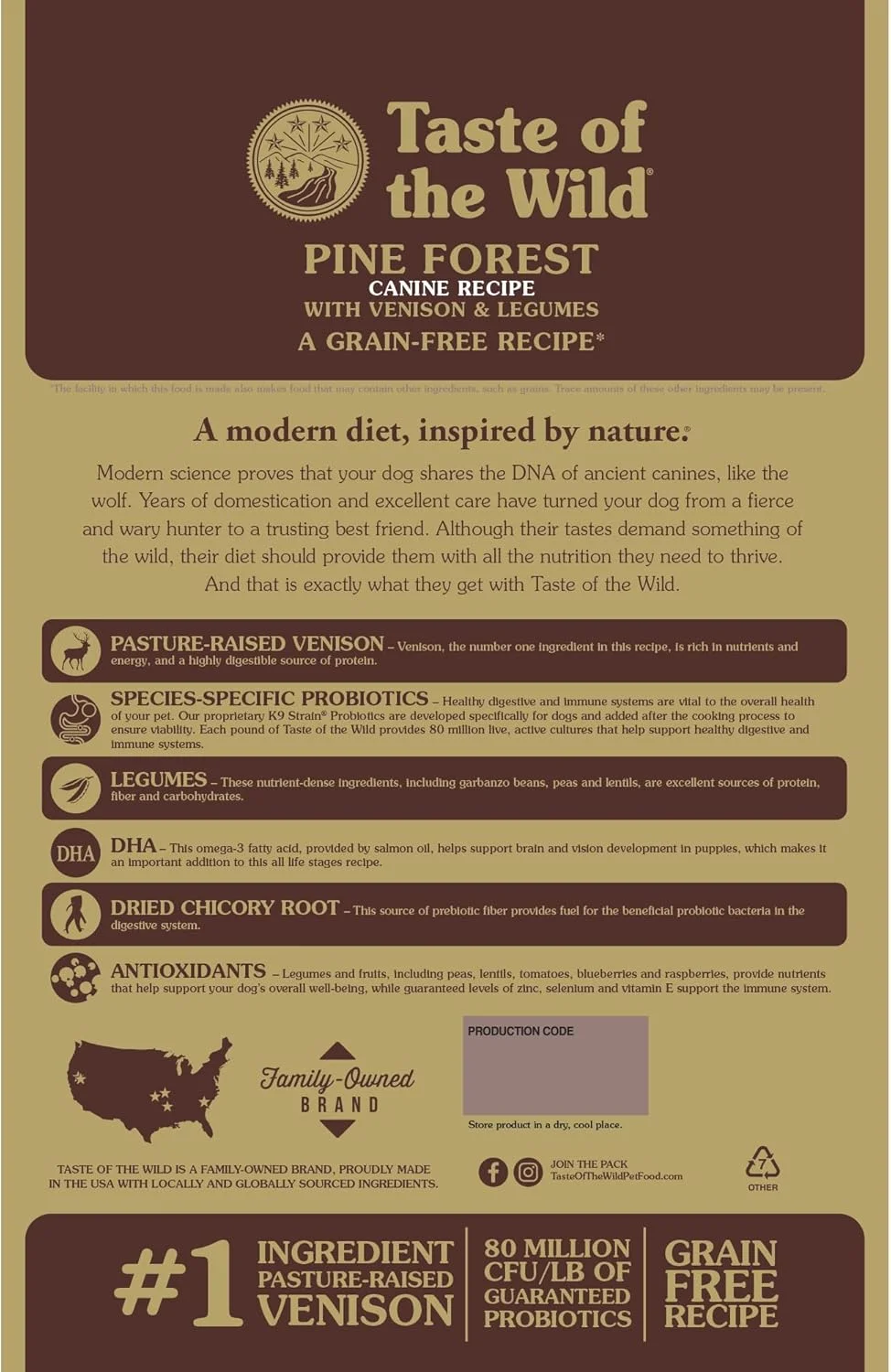 غذای خشک سگ بالغ طعم طبیعت، بدون غلات، با پروتئین بالا، با گوشت واقعی، دستور پخت جنگل کاج، با گوشت گوزن و حبوبات، 2.27 کیلوگرم