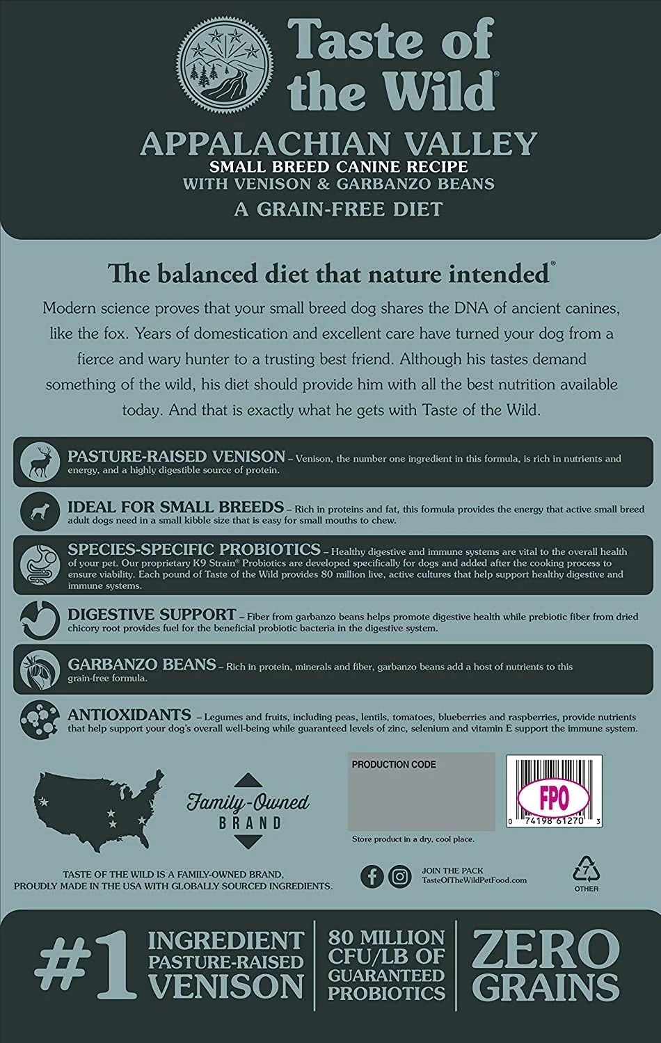 غذای خشک سگ بدون غلات Taste of The Wild، پروتئین بالا، مناسب نژادهای کوچک، طعم گوشت گوزن و نخود، 12.7 کیلوگرم