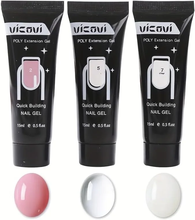 کیت ژل پولی ناخن - 3 رنگ با قالب ناخن و محلول لغزنده، کیت ژل پولی حرفه ای برای مبتدیان، ژل سازنده، اکستنشن پولی سالنی در خانه