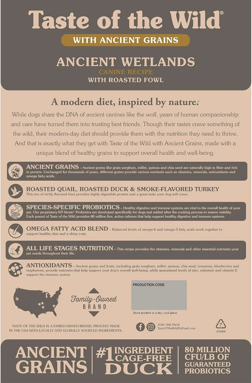 غذای خشک سگ طعم طبیعت مدل Ancient Wetlands با طعم بلدرچین کبابی، اردک کبابی و بوقلمون دودی 12.7 کیلوگرم