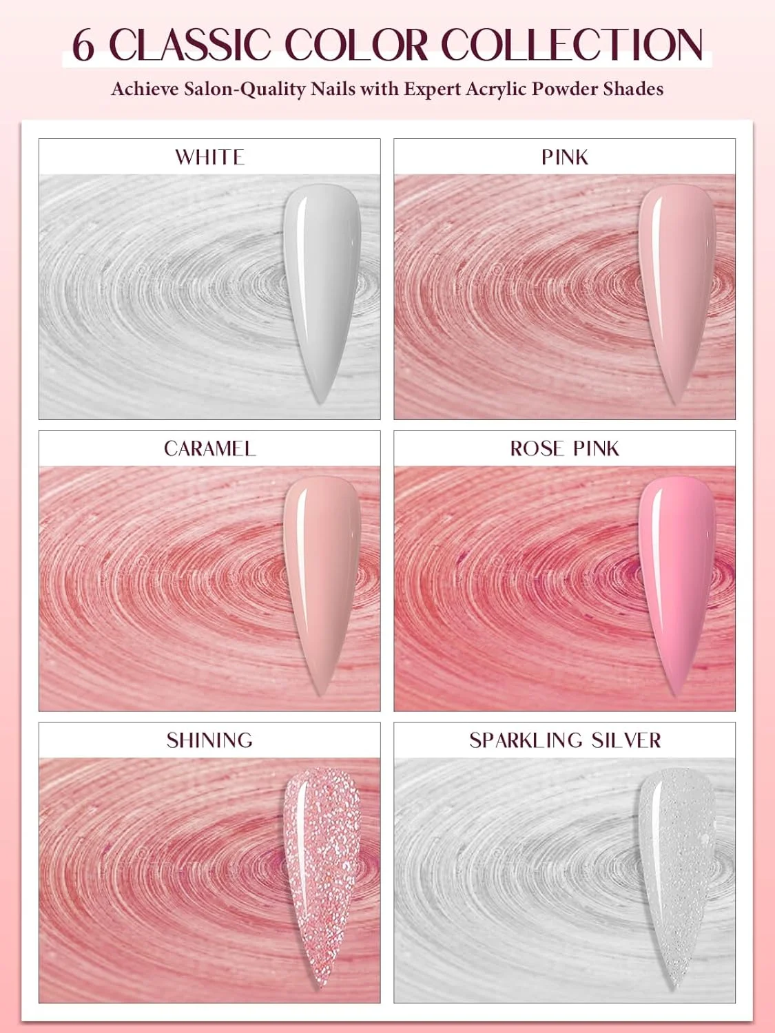 ست پودر اکریلیک صورتی EBANKU، 6 رنگ ژله ای نود، سفید اکلیلی، پودر اکریلیک برای کاشت ناخن فرانسوی، 6 * 10 گرم
