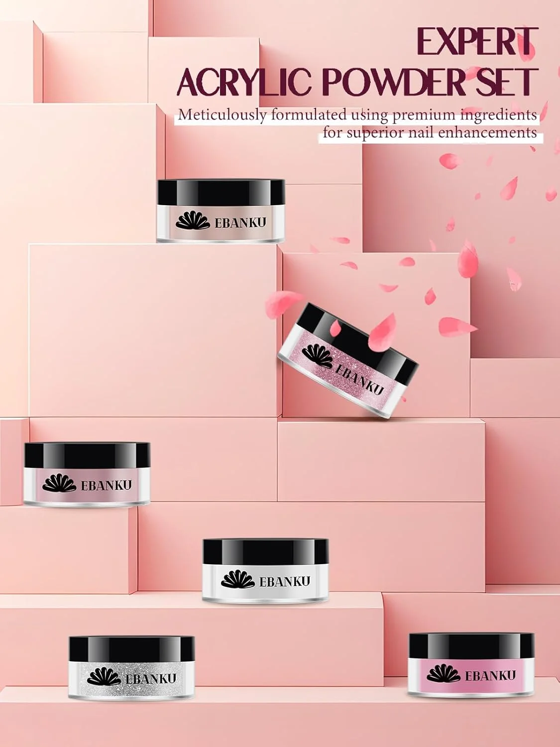 ست پودر اکریلیک صورتی EBANKU، 6 رنگ ژله ای نود، سفید اکلیلی، پودر اکریلیک برای کاشت ناخن فرانسوی، 6 * 10 گرم