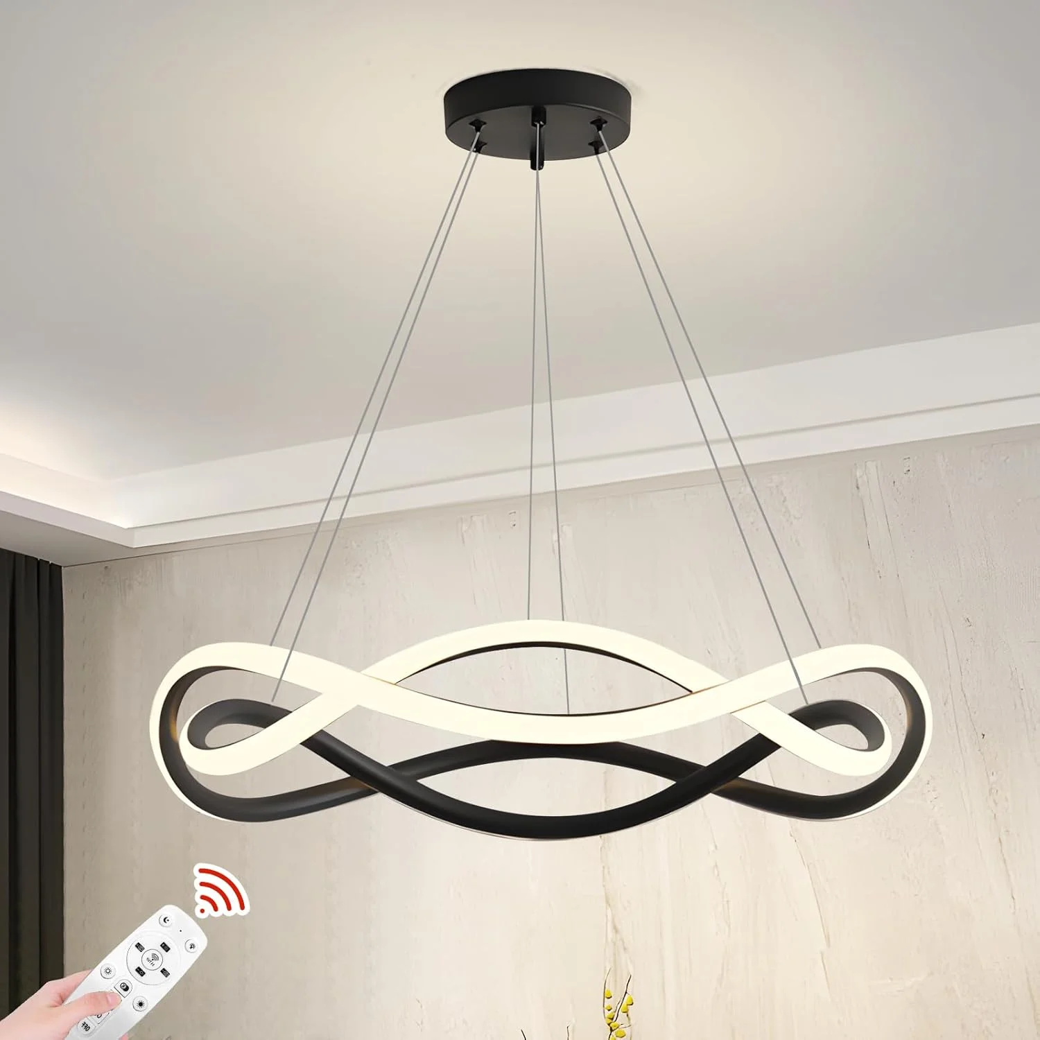 لوستر مدرن LED یاتای لایتینگ مناسب اتاق نشیمن، 67 وات، دارای ریموت کنترل، حلقه ها با قابلیت تنظیم ارتفاع و تغییر رنگ، لوستر آویز سقفی LED مشکی معاصر مناسب رستوران (60 سانتی متر)