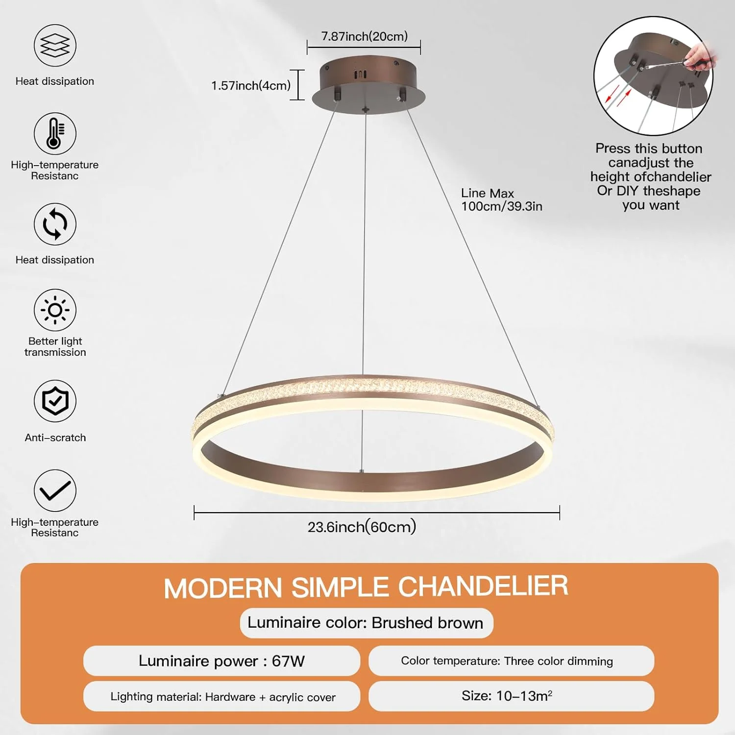 لوستر ال ای دی مدرن YT YATAI LIGHTING، لوستر ال ای دی حلقه ای معاصر با کنترل از راه دور، چراغ آویز دایره ای قهوه ای رنگ با قابلیت تنظیم نور، مناسب برای اتاق نشیمن و ناهارخوری، 67 وات