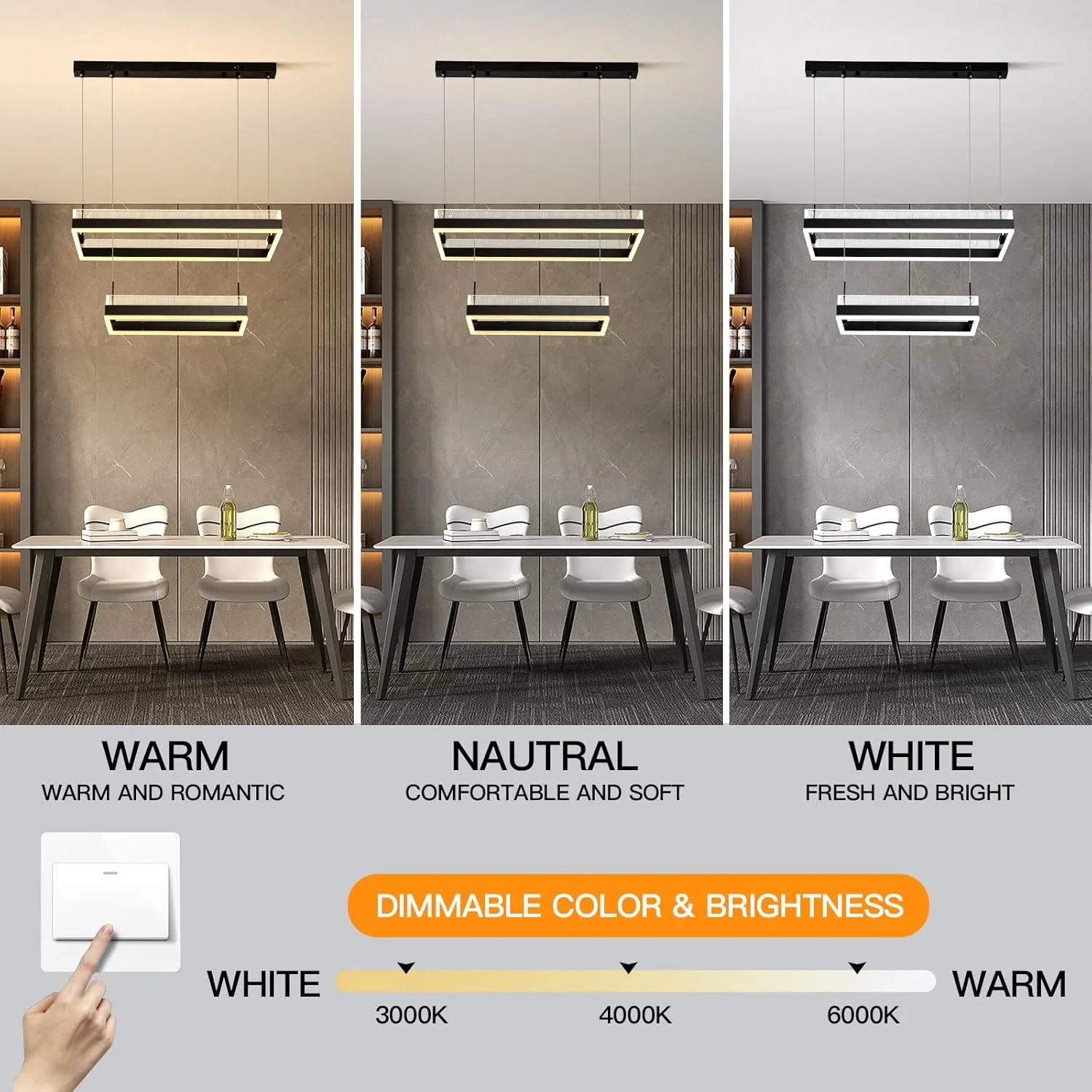 لوستر مشکی مستطیلی اتاق ناهارخوری YT YATAI LIGHTING، لوستر مدرن مینیمالیستی 2 مستطیلی برای اتاق خواب، میز آشپزخانه، لوستر آکریلیک با دمای رنگ قابل تنظیم