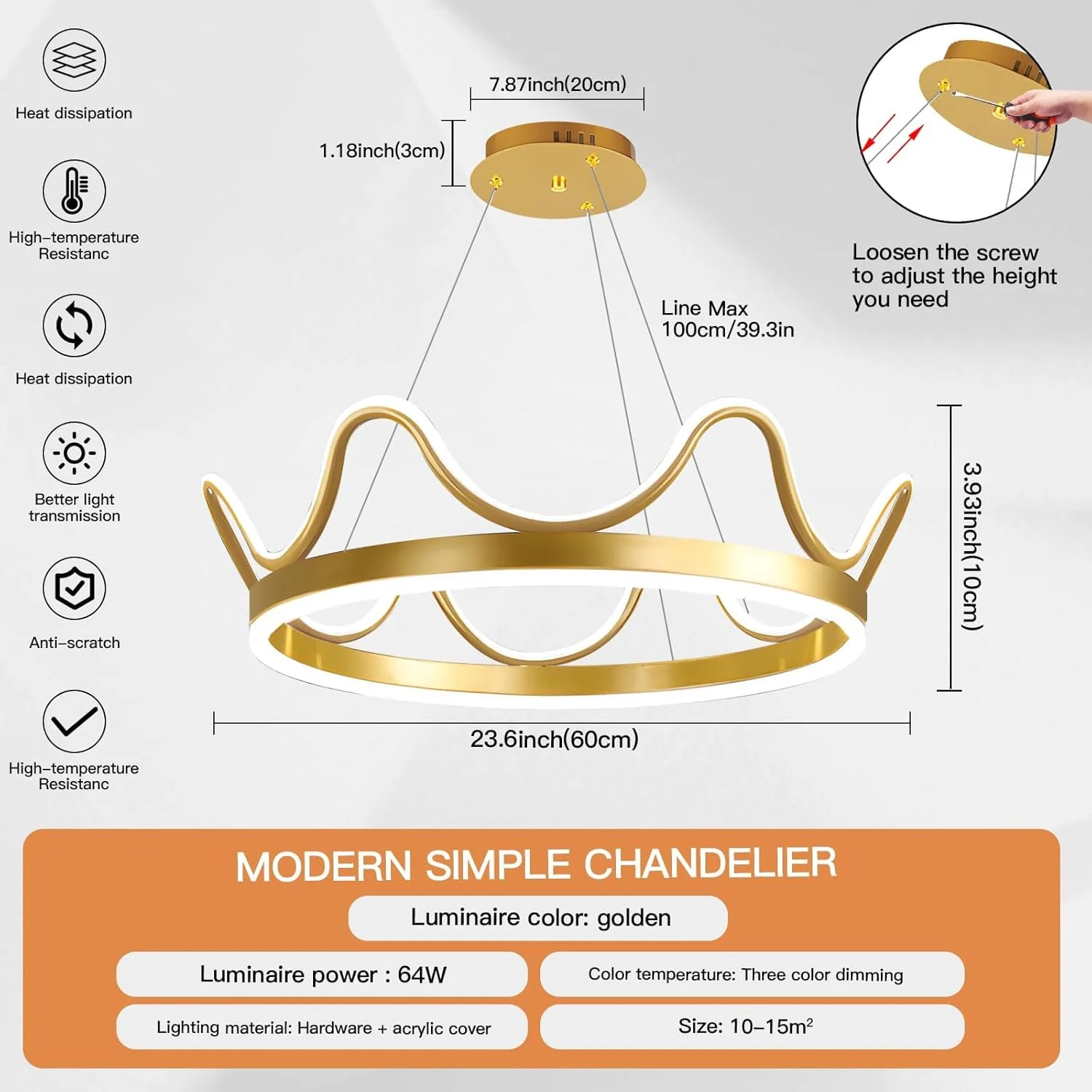 لوستر ال ای دی YT YATAI LIGHTING، لوستر گرد طرح تاج طلایی، دارای سه رنگ نور قابل تنظیم برای اتاق خواب و غذاخوری، 64 وات