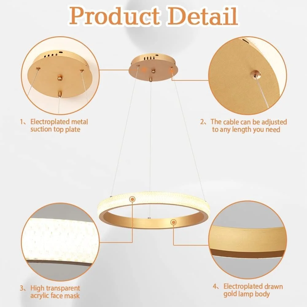 لوسترهای ال ای دی مدرن YT YATAI LIGHTING، حلقه های ال ای دی، چراغ های آویز حلقه های کریستالی لوکس، چراغ سقفی معاصر، نورپردازی آویز مناسب اتاق غذاخوری، اتاق نشیمن، سرسرا، 15.7 اینچ، طلایی