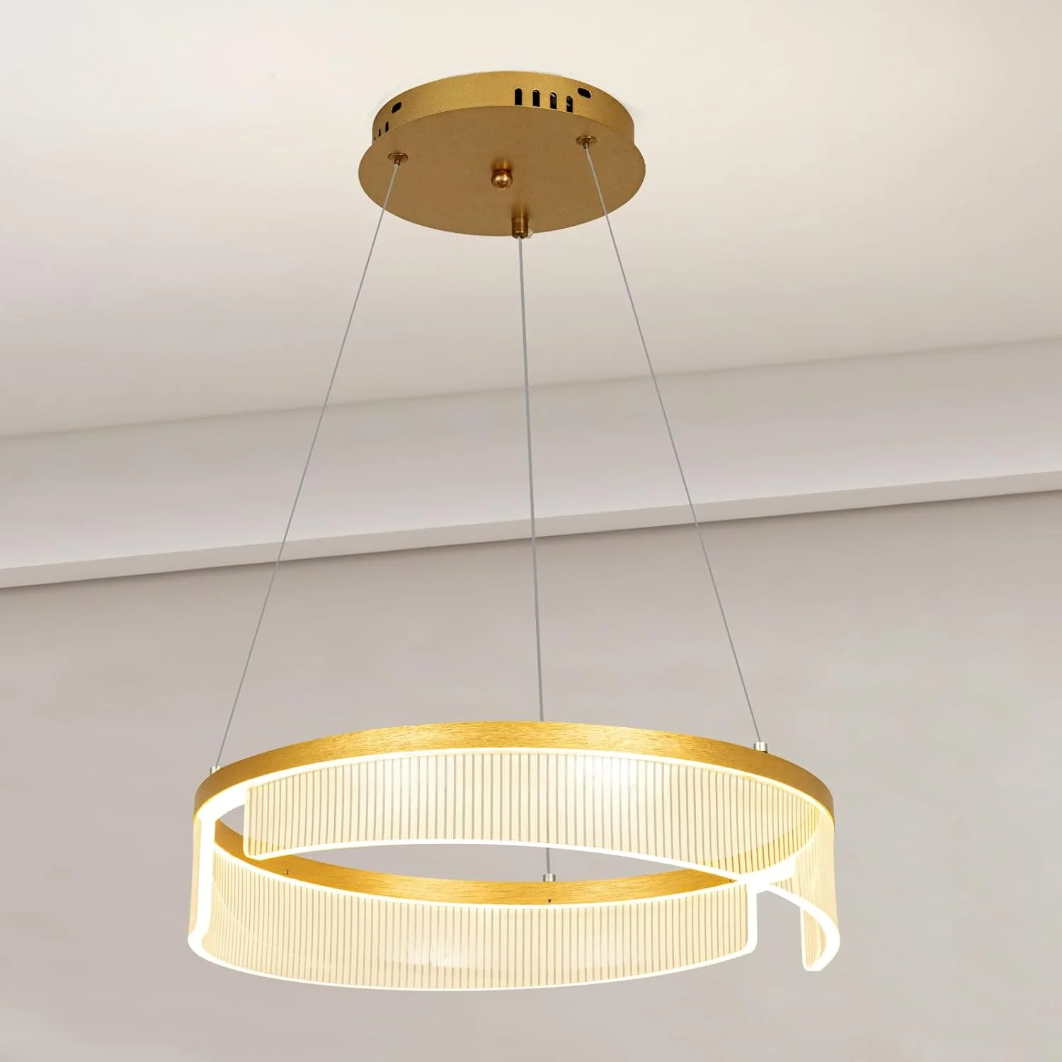 لوستر مدرن LED یاتای، لوستر مدرن LED حلقه دوتایی - روکش طلایی، ارتفاع قابل تنظیم، کم نور شونده، ایده آل برای اتاق های غذاخوری، اتاق های نشیمن و جزیره آشپزخانه (B-1Ring)